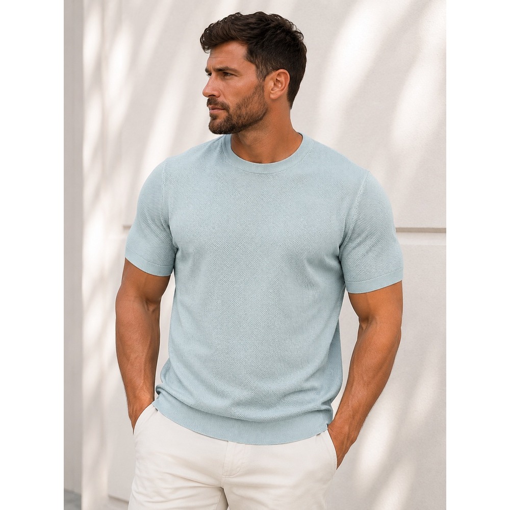 PJ Paul Jones Mens Light Blue Textured Knit Short Sleeve Crew Neck Sweater L NEW
